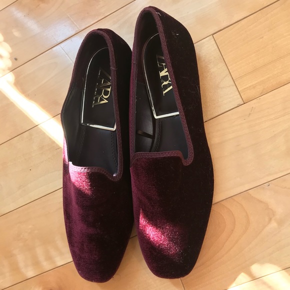 NEW ZARA Burgundy Velvet Square Toe Flat Loafers Women’s Size US 6.5 NEW - Picture 6 of 10